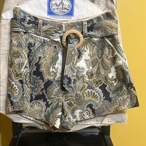 Veronica Beard Green and Gold Paisley High Waist Shorts